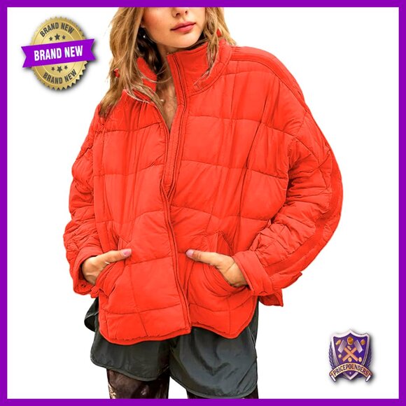 Quilted Puffer Jacket Lightweight Padded Coat Zip Up Chic Oversized Outerwear